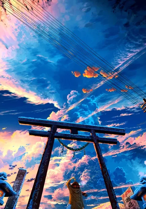 站着高大牌坊下仰望炫彩多云天空的二次元动漫少女插画手机壁纸图片