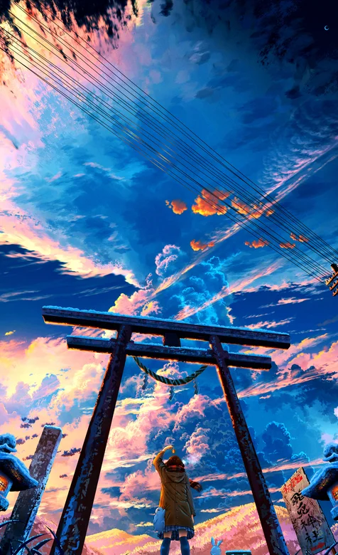 站着高大牌坊下仰望炫彩多云天空的二次元动漫少女插画手机壁纸图片-iPhone17-1