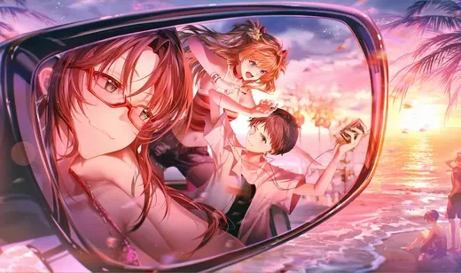二次元动漫少女镜中互动 海滩夕阳夏日度假壁纸