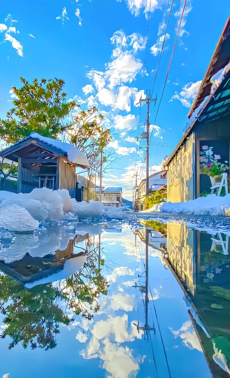 清新小镇，小屋，路面上融化的冰水，倒影，AI风景手机壁纸图片-iPhone17-1