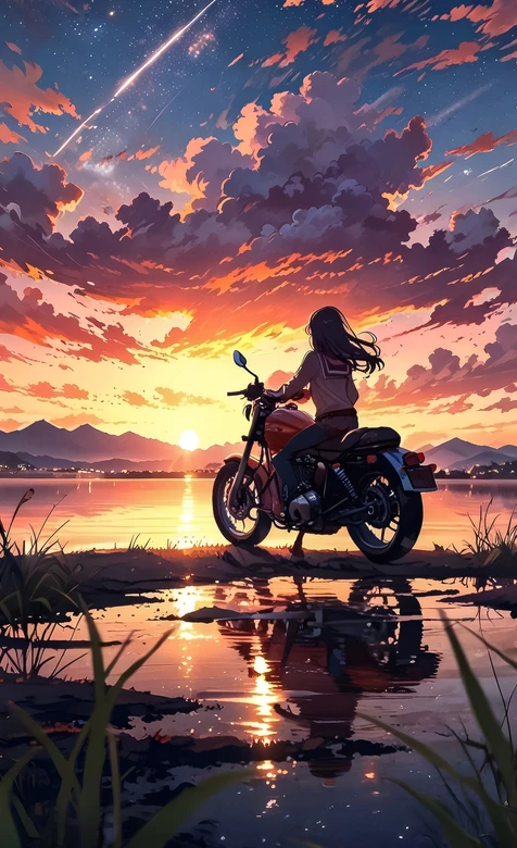 二次元唯美·摩托少女湖畔日落 星空晚霞治愈手机壁纸-iPhone17-1