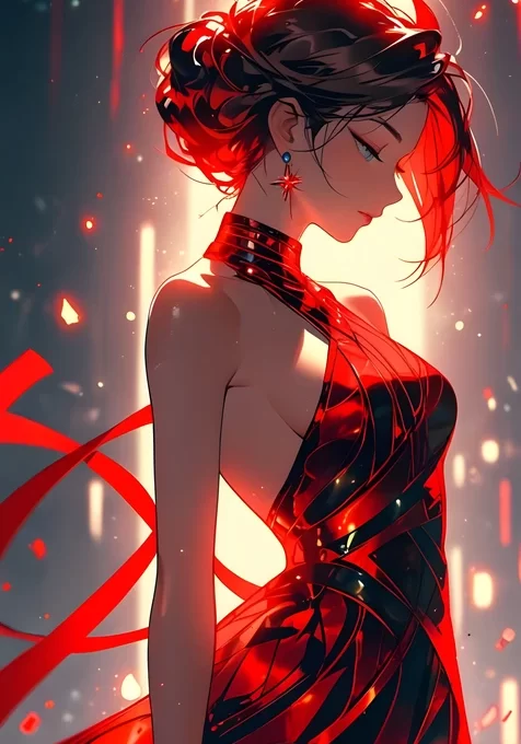 红黑礼服盘发女子 光影飘带红芒碎片