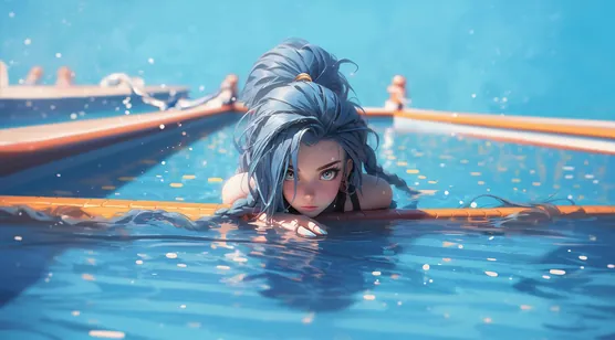 泳池蓝发少女 夏日清凉二次元电脑壁纸-iPhone17-1