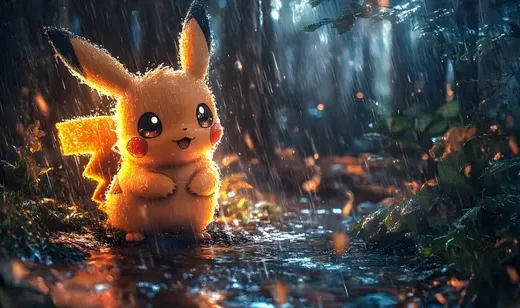 皮卡丘·雨夜暖光 宝可梦写实风森林电脑壁纸热搜款
