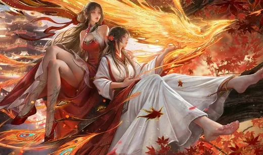 红裳白裙双姝·凤凰伴生 国风唯美电脑壁纸（古风美女电脑壁纸）