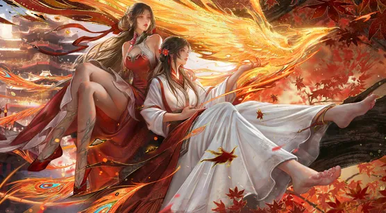 红裳白裙双姝·凤凰伴生 国风唯美电脑壁纸（古风美女电脑壁纸）-iPhone17-1