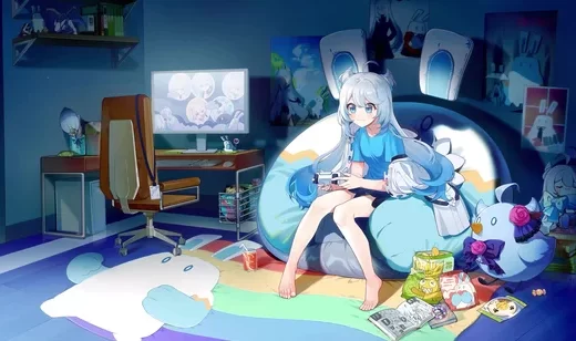 蓝发少女·游戏时光 国漫宅系房间动态电脑壁纸