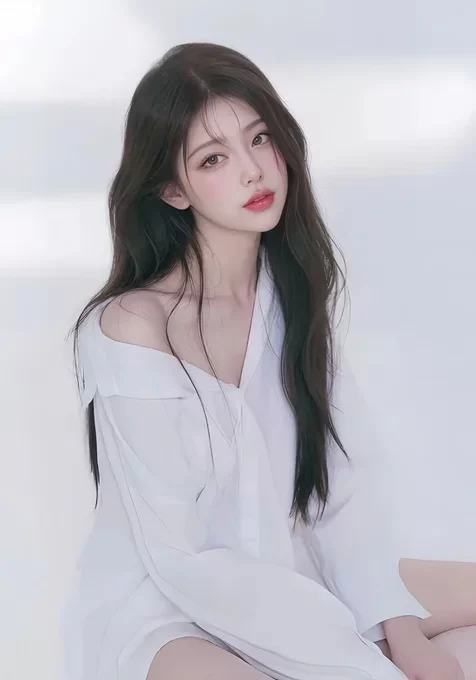 穿着白色衬衫，坐在地板上，小露香肩的AI美女手机壁纸图片
