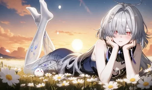 银发红瞳光环少女·晶袜雏菊原野黄昏·唯美二次元动态电脑壁纸推荐
