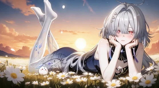 银发红瞳光环少女·晶袜雏菊原野黄昏·唯美二次元动态电脑壁纸推荐-iPhone17-1