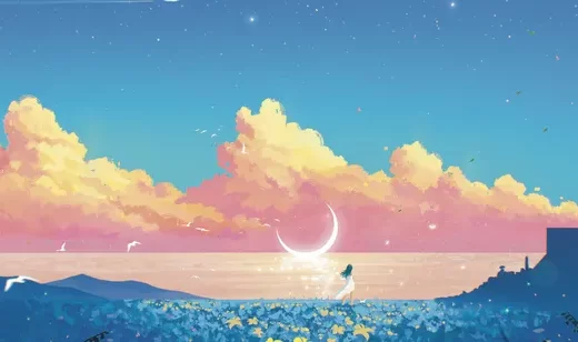 月亮河少女唯美插画壁纸图片