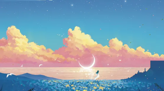 月亮河少女唯美插画壁纸图片-iPhone17-1