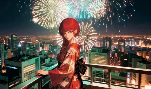红发和服少女 都市烟花夜景 日系二次元动态电脑壁纸