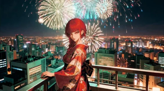 红发和服少女 都市烟花夜景 日系二次元动态电脑壁纸-iPhone17-1