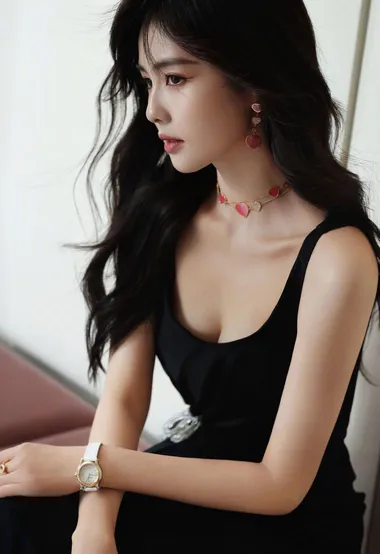 美女白鹿性感气质黑色吊带连衣裙显完美身材写真图片