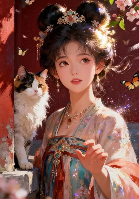 古风汉服美人与三花猫 红墙樱花蝴蝶国风壁纸