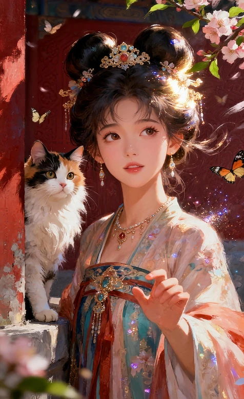 古风汉服美人与三花猫 红墙樱花蝴蝶国风壁纸-iPhone17-1