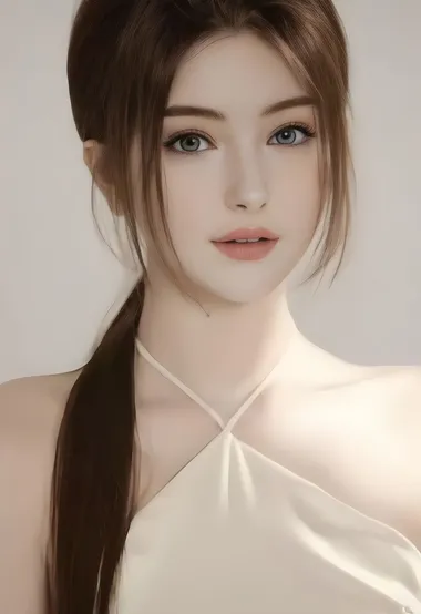 气质女生棕色长发米白挂脖裙清新写真美女写真高清