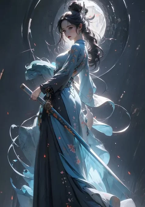 腰挎宝剑的古装，古风AI美女手机壁纸图片