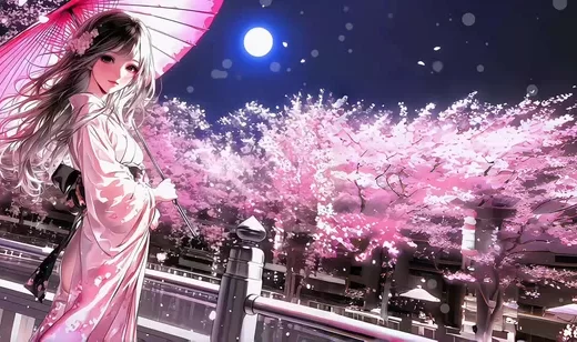 撑伞和服少女·樱花月夜 日系唯美宽屏车机壁纸