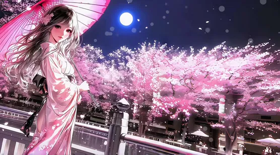 撑伞和服少女·樱花月夜 日系唯美宽屏车机壁纸-iPhone17-1