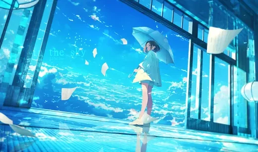 蓝色天空，天空之城，撑伞的女生唯美动漫场景壁纸图片