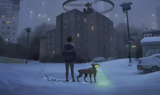 人与机械狗·未来雪景都市 科幻风电脑壁纸