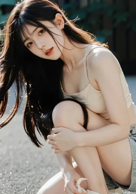 蹲在地上系鞋带的高颜值AI女生吊带内衣加牛仔短裤穿搭唯美手机壁纸