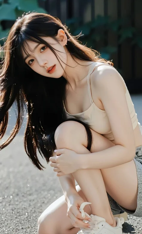 蹲在地上系鞋带的高颜值AI女生吊带内衣加牛仔短裤穿搭唯美手机壁纸-iPhone17-1
