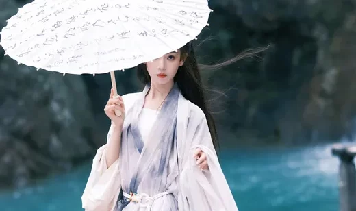 陈瑶壁纸，手拿油纸伞，一袭古装白衣的陈瑶户外山间溪流旁仙气飘飘写真壁
