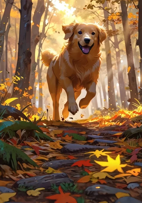 金毛犬秋日森林奔跑·唯美治愈系手机壁纸