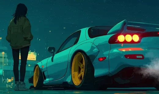 夜下少女与跑车·日系赛博朋克风 宽屏动态电脑壁纸