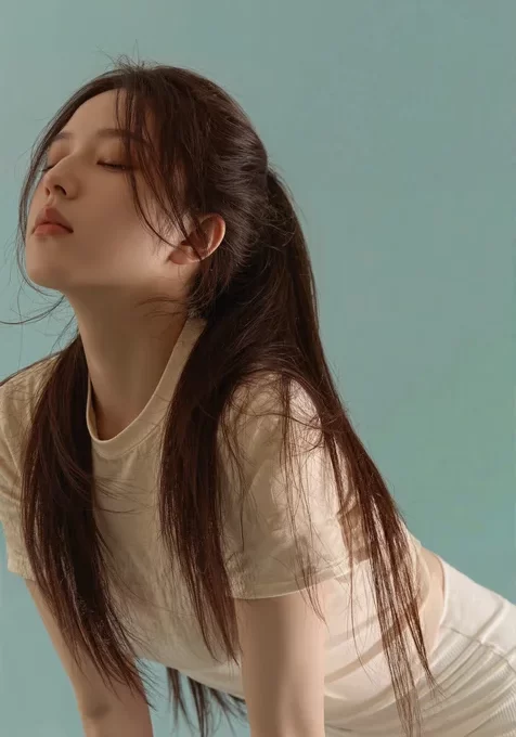 闭着眼睛，双手扶着膝盖，超好看侧颜美女手机壁纸图片