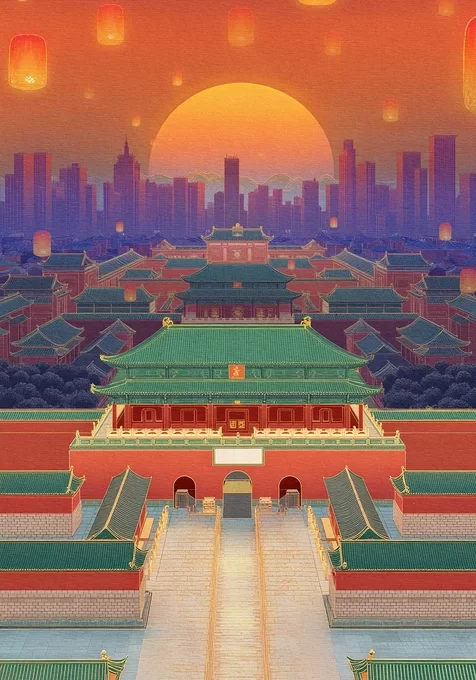 故宫落日古风插画 红墙绿瓦与城市天际线孔明灯夜景