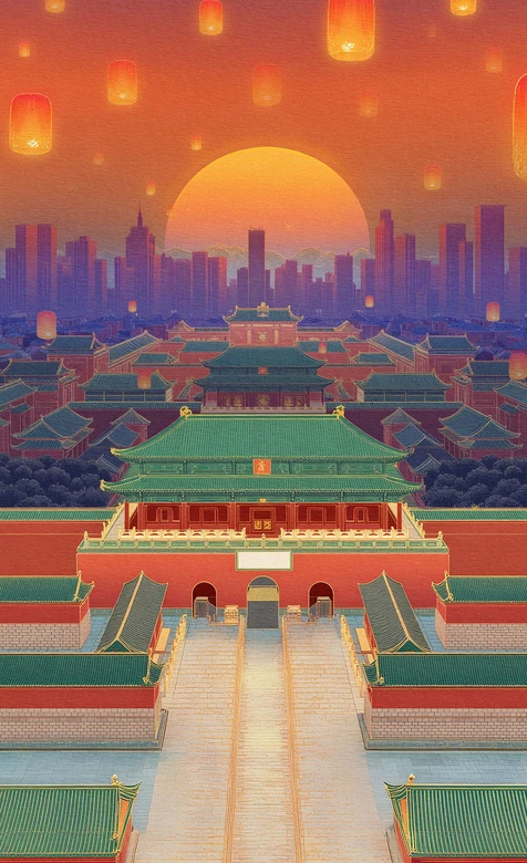 故宫落日古风插画 红墙绿瓦与城市天际线孔明灯夜景-iPhone17-1