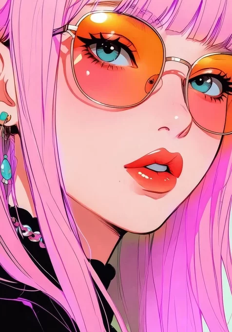 粉色长发形象·橙镜蓝瞳 二次元插画风 高人气手机壁纸