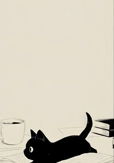 黑猫咪趴在书本 简约黑白插画风 文艺书桌手机壁纸