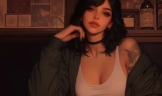 眼角有痣的性感红唇ai美女黑衣夹克加白背心穿着AI壁纸图片