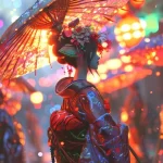 节日，手拿纸伞，穿着打扮很浓重的和服装AI美女图片