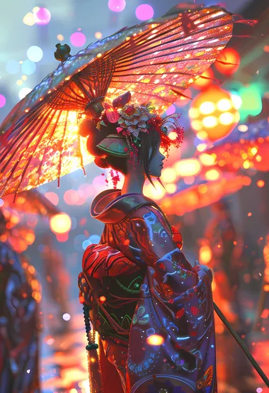 节日，手拿纸伞，穿着打扮很浓重的和服装AI美女图片