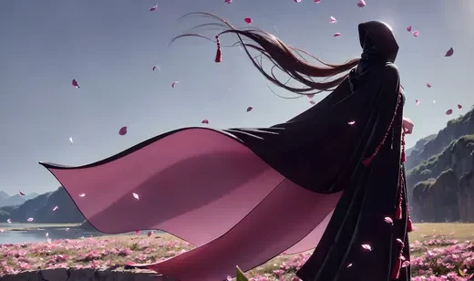 开满鲜花的湖边，一个穿着黑色斗篷的长发女人AI美图壁纸