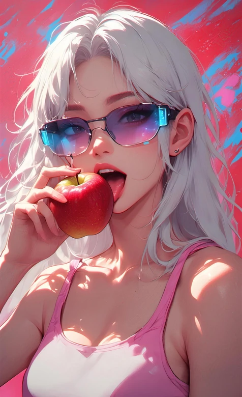 白发墨镜少女咬苹果 赛博朋克风超人气手机壁纸-iPhone17-1
