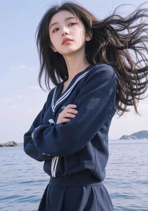 海边，抱着双臂，秀发飞扬的AI学生美女手机壁纸图片