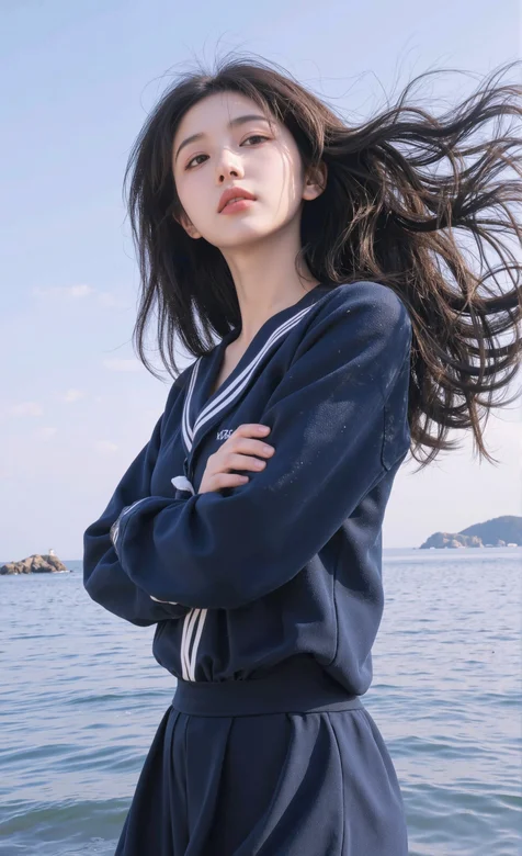 海边，抱着双臂，秀发飞扬的AI学生美女手机壁纸图片-iPhone17-1