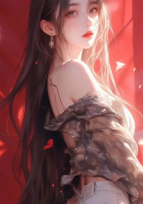 红色 浪漫，侧身看着你的抹胸衣加牛仔裤AI美女手机壁纸图片