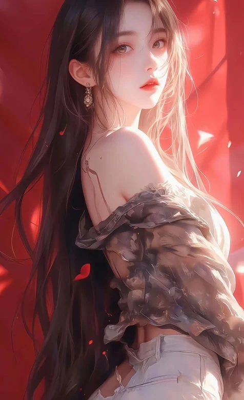 红色 浪漫，侧身看着你的抹胸衣加牛仔裤AI美女手机壁纸图片-iPhone17-1