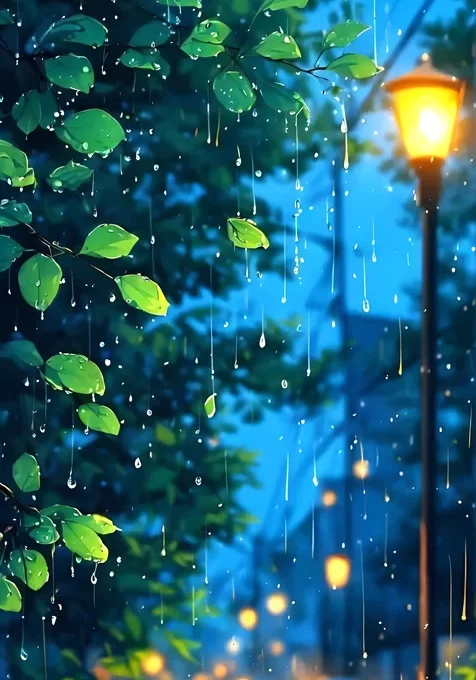 下雨天，雨滴，藤蔓，绿叶，路灯，雨中街景AI手机壁纸图片
