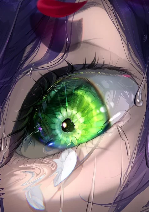 二次元唯美眼眸·翠绿瞳孔落泪 紫发 梦幻插画 高质感手机壁纸