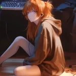 DJ少女，坐在地板上，穿着卫衣，黄色头发的动漫AI美少女图片