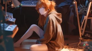 DJ少女，坐在地板上，穿着卫衣，黄色头发的动漫AI美少女图片